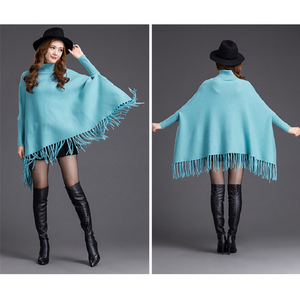 Women's Turtleneck Fringed Cape Monochromatic Shawl Bat Sleeve Jacket Sky Blue