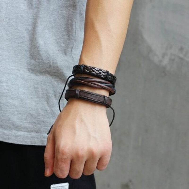 Multi Layer Retro Woven Pu Leather Bracelet 6Pcs