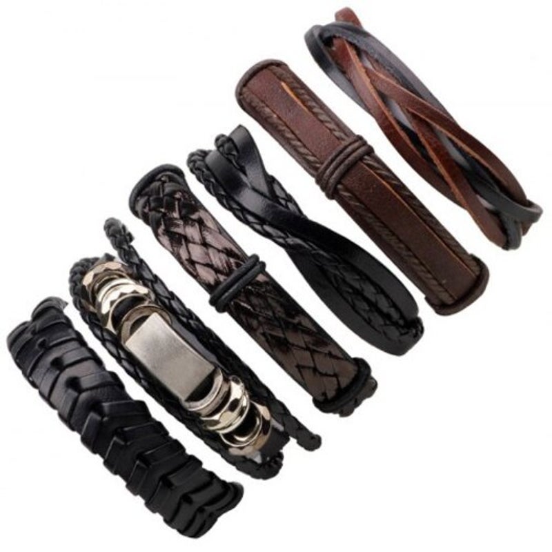 Multi Layer Retro Woven Pu Leather Bracelet 6Pcs