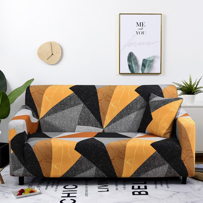 4 Seater Sofa Cover Golden Yellow Geometric Style Elastic Stretchable Slipcover