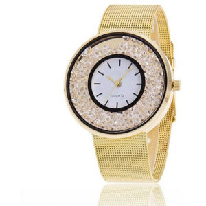 Fashion Lady Rolling Beads Business Leisure Mesh Belt Quartz Watch Gold