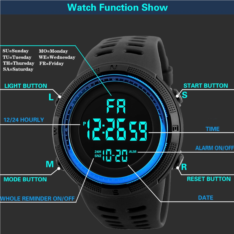 Night Light Sports Electronic Watch Multifunctional Waterproof Black