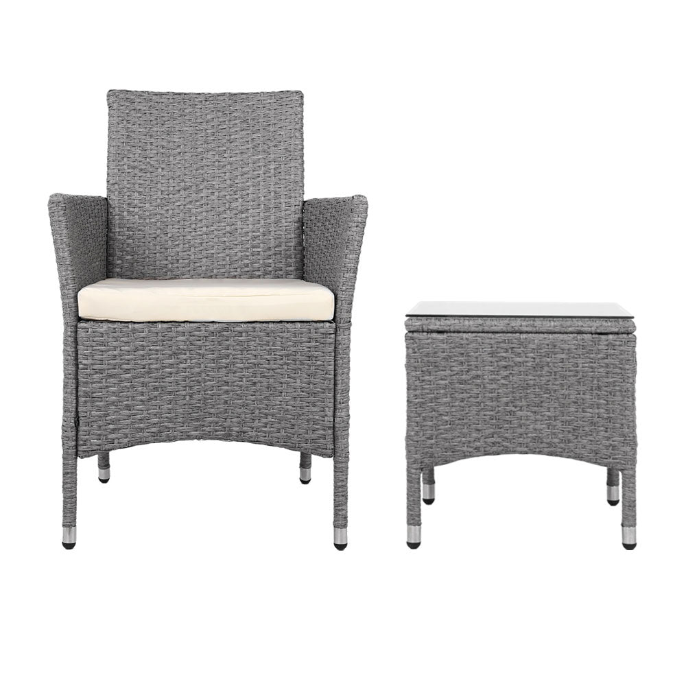 Gardeon 3 Piece Wicker Outdoor Chair Side Table Furniture Set - Grey