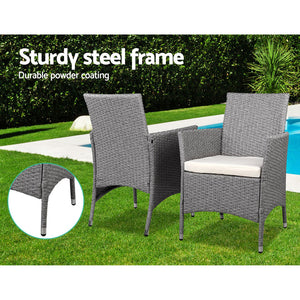 Gardeon 3 Piece Wicker Outdoor Chair Side Table Furniture Set - Grey