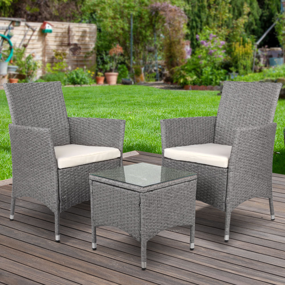 Gardeon 3 Piece Wicker Outdoor Chair Side Table Furniture Set - Grey