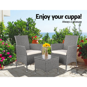 Gardeon 3 Piece Wicker Outdoor Chair Side Table Furniture Set - Grey