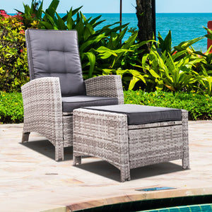 Gardeon Sun Lounge Recliner Chair Wicker Lounger Sofa Day Bed Outdoor Furniture Patio Garden Cushion Ottoman Grey