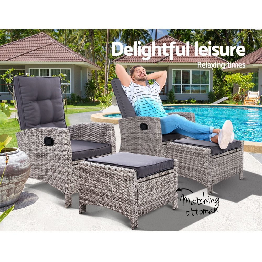 Set Of 2 Sun Lounge Recliner Chair Wicker Lounger Sofa Day Bed Outdoor Chairs Patio Furniture Garden Cushion Ottoman Gar