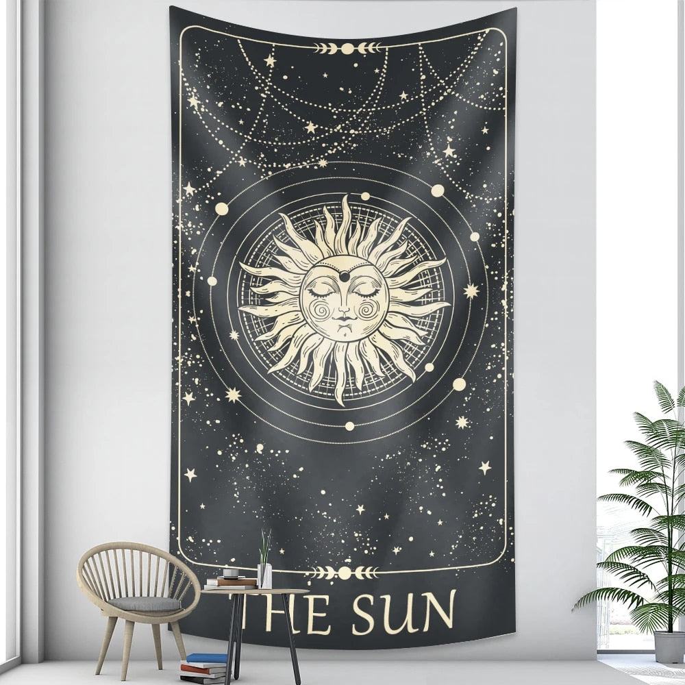 Tapestry Gray Sun 95X70 Cm Tarot Card Psychedelic Scene Art Bohemian Decoration