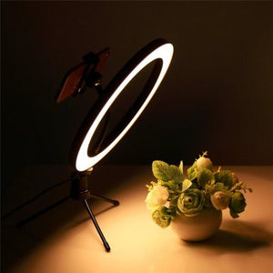 Photography Led Selfie Ring Light 26Cm Dimmable Camera Phone Lamp 10Inch With Table Tripods Black