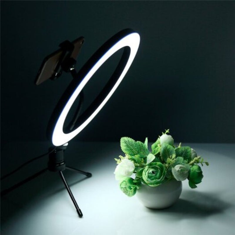 Photography Led Selfie Ring Light 26Cm Dimmable Camera Phone Lamp 10Inch With Table Tripods Black