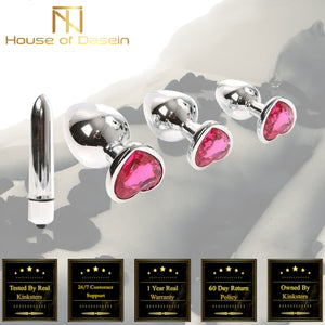 House Of Dasein Pink Heart Crystal Jewel Metal Butt Plug Three Size Mini Bullet Vibrator Anal Training