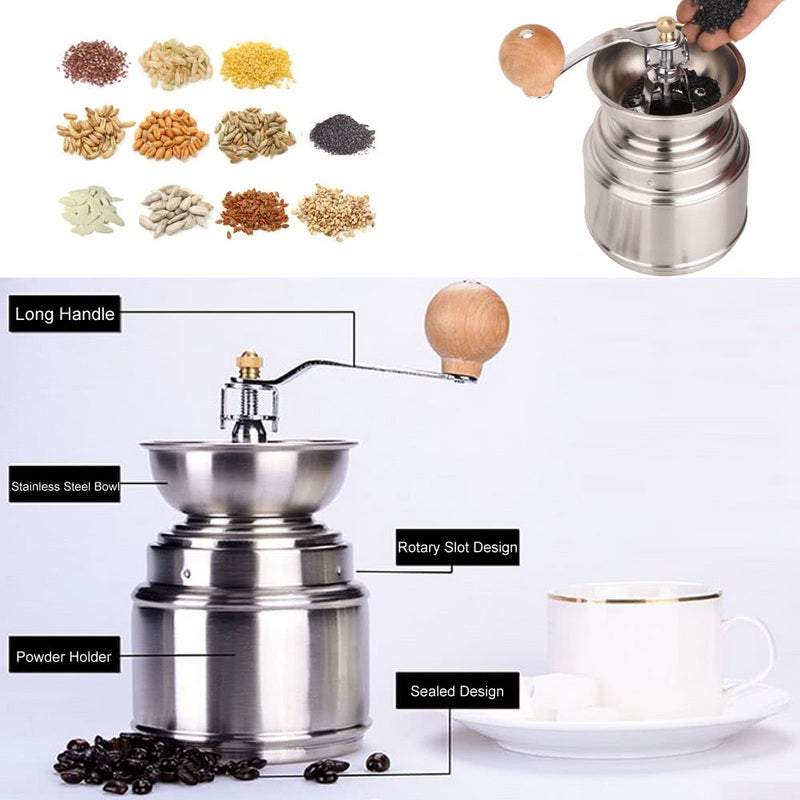 Hand Crank Coffee Grinder Manual With Adjustable Burr Stainless Steel Bean Pepper Mill Tool