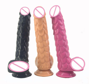 Long Silicone With Suction Cup Fish Scale Texture Anal Dildo Dong