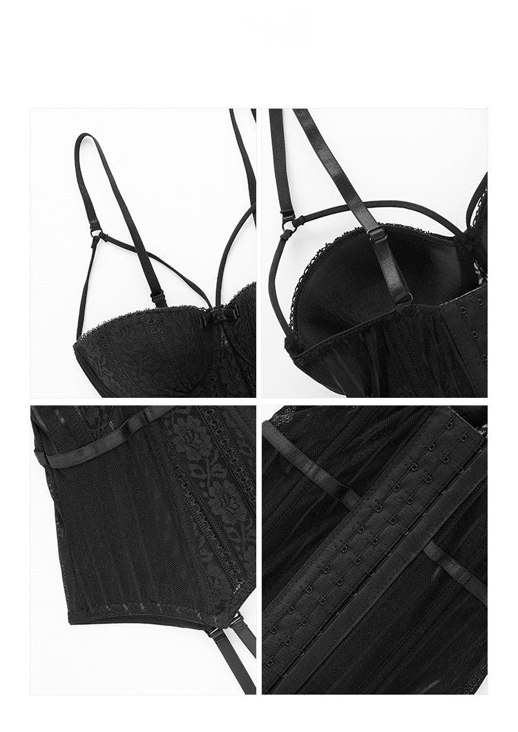 House Of Dasein Black High Elasticity Corset Bustier Cup Garter Set With Straps Lingerie