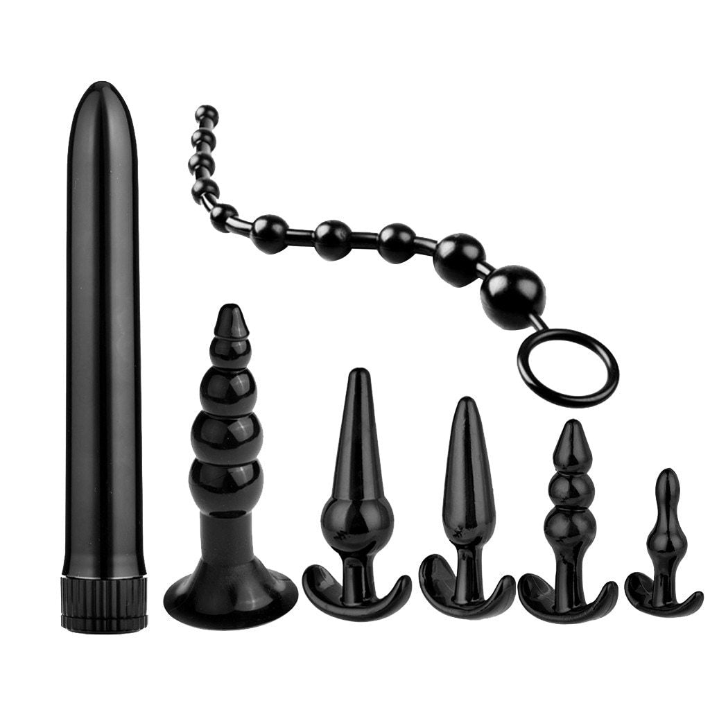 7Pcs Black Trainer Butt Plug Set Anal Beads Bullet Vibrator