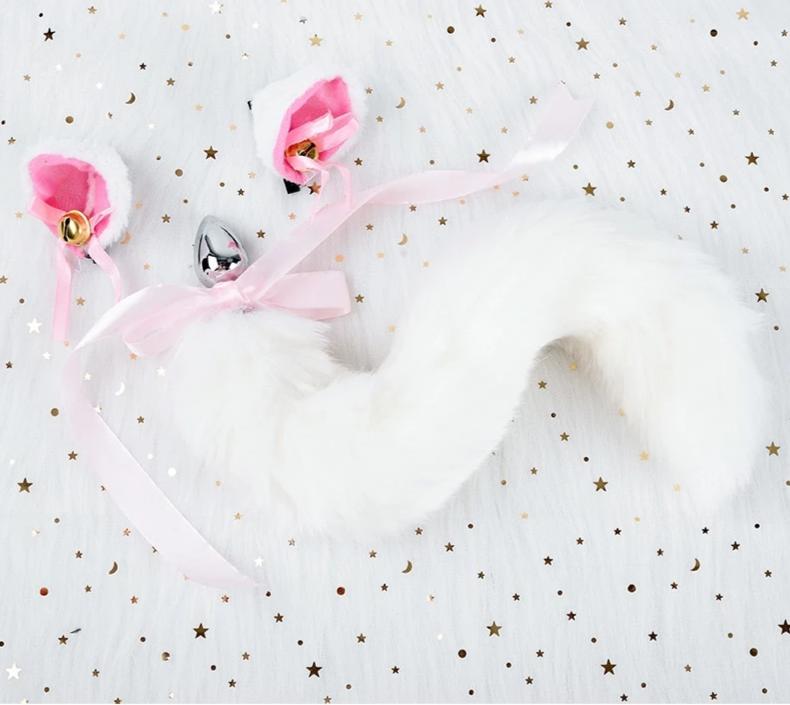 Black White Cute Kitten Ears Faux Fox Tail Ana Butt Plug Cosplay Bdsm