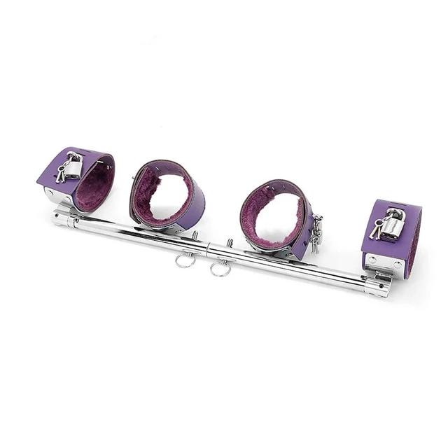 House Of Dasein Expandable Metal Spreader Bar 4 Purple Locking Leather Fur Cuffs Bdsm Restraints