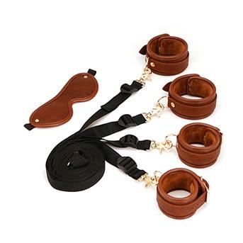 Brown Gold Bdsm Starter Kit Blindfold Ball Gag Cuffs Collar Hogtie Whip