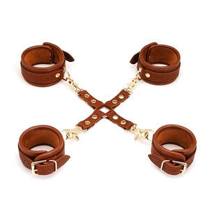 Brown Gold Bdsm Starter Kit Blindfold Ball Gag Cuffs Collar Hogtie Whip