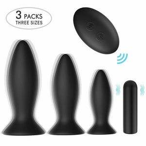 Black Silicone Butt Plug Set Wireless Vibrator Anal Training Bdsm