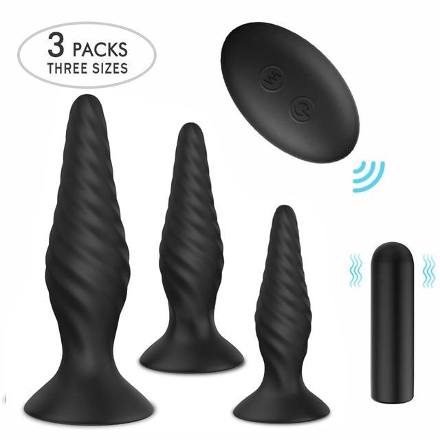 Black Silicone Butt Plug Set Wireless Vibrator Anal Training Bdsm