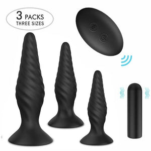 Black Silicone Butt Plug Set Wireless Vibrator Anal Training Bdsm