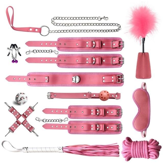 House Of Dasein Black Pink Bondage Kit Handcuffs Leash Whip Gag Nipple Clamps Bdsm Set