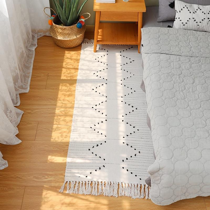 Nordic Cotton Linen Woven Rug Bedroom Bedside Blanket Tassel Door Mat Porch Living Room Table