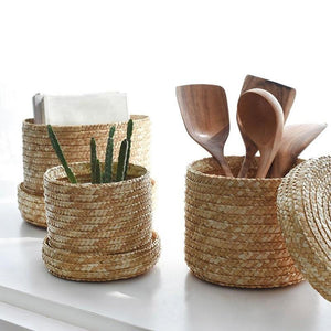 Set Of 3 Handmade Seagrass Woven Storage Baskets With Lid