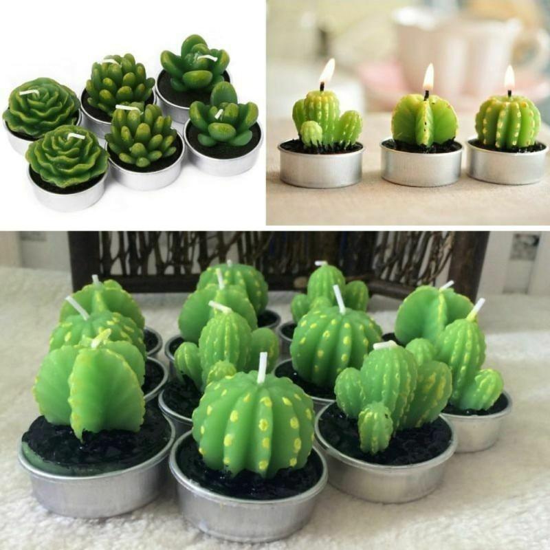 6Pcs/Set Artificial Cactus Succulent Plant Green Mini Candles Home Dcor