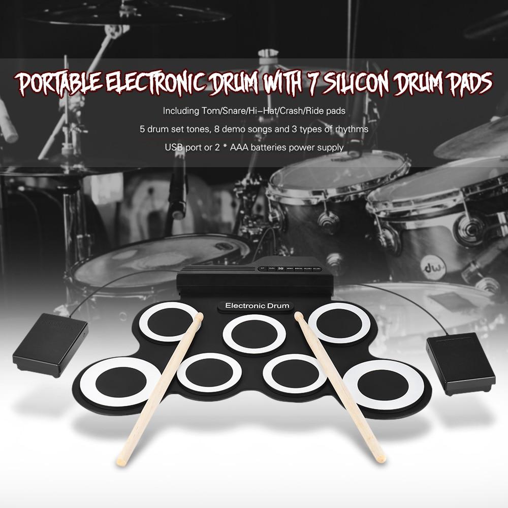 Portable Electronic Digital Drum Kit Usb 7 Pads Roll Up Silicone Set