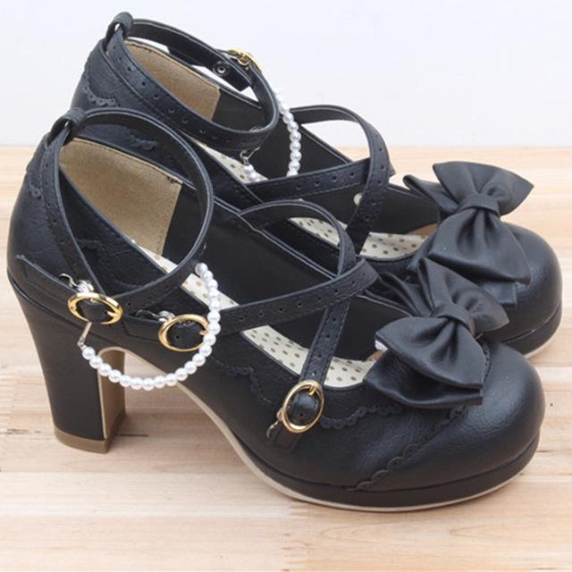 Cute Lolita Buckle Heel Bow Kawaii Cosplay Shoes