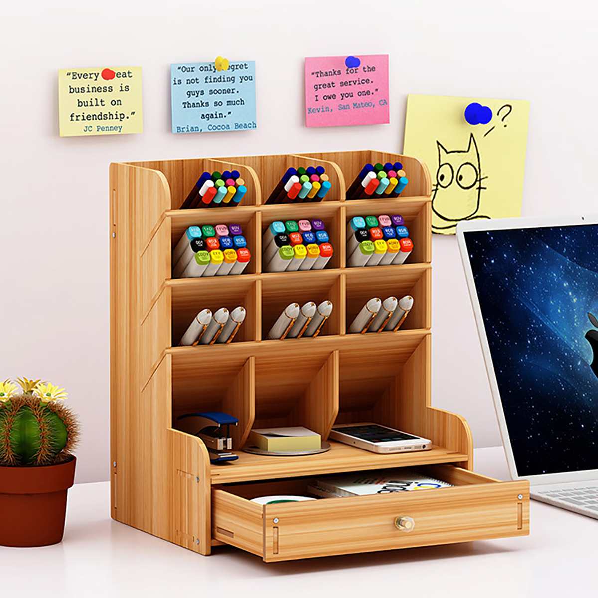 Wooden Pen Holder Desktop Stationery Organiser Home Office Storage