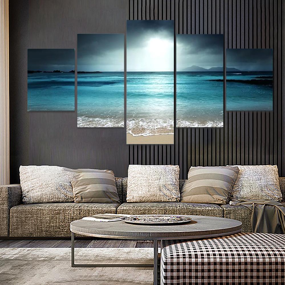 Sunset Beach Seascape 5 Panel Canvas Painting Wall Art Coastal Home Decor