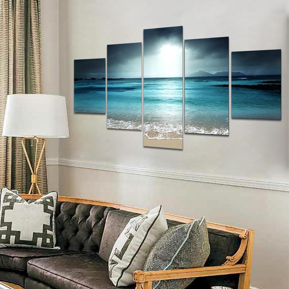 Sunset Beach Seascape 5 Panel Canvas Painting Wall Art Coastal Home Decor