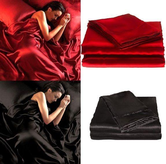 Red Or Black 95Gsm 4 Piece Satin Sheet Set For Queen King Beds