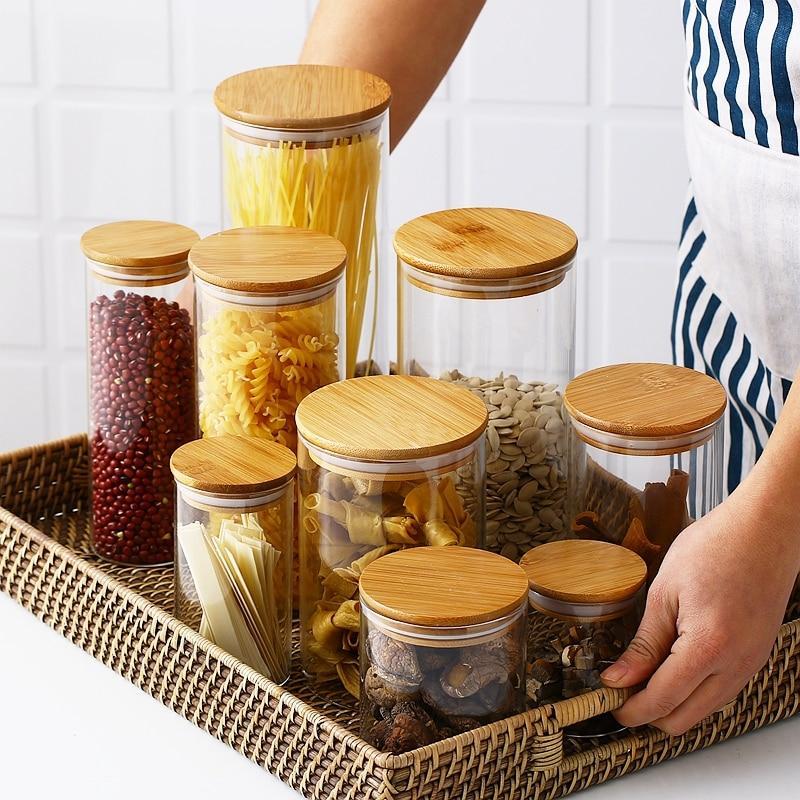 Eco Friendly Bamboo Container Mason Candy Jar Spices Glass Transparent