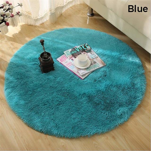 Blue Fluffy Faux Fur Round Rug Kids Room Plush Shaggy Rugs