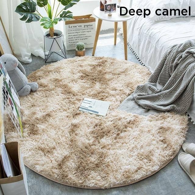 Brown Fluffy Faux Fur Round Rug Kids Room Plush Shaggy Rugs