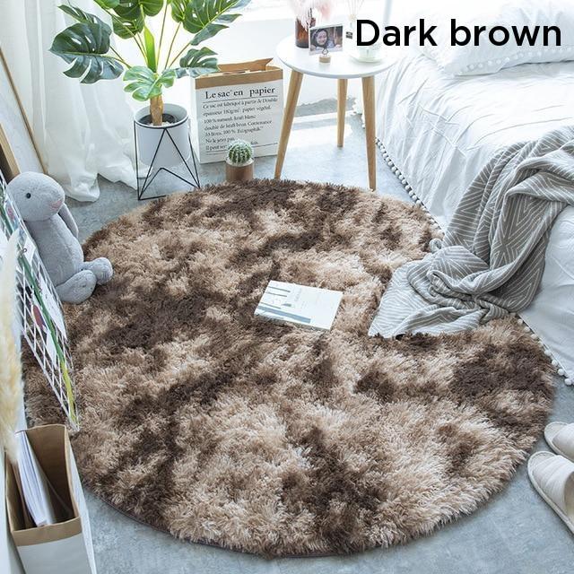 Brown Fluffy Faux Fur Round Rug Kids Room Plush Shaggy Rugs