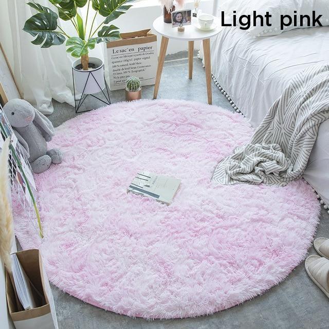 Pink Purple Fluffy Faux Fur Round Rug Kids Room Plush Shaggy Rugs