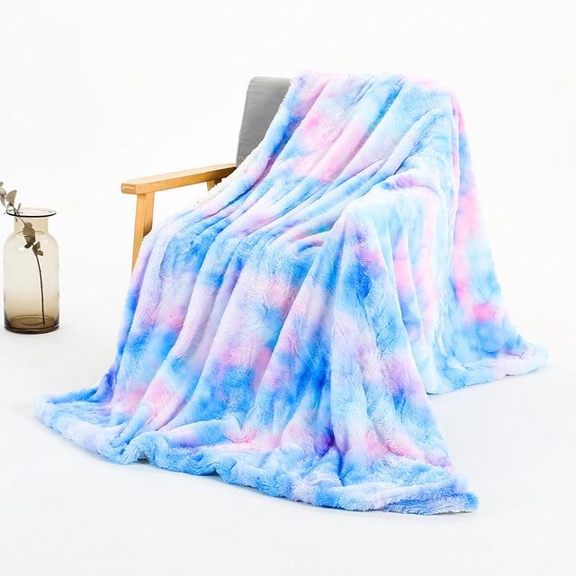 Ombre Blue Purple Soft Faux Fur Plush Blanket Winter Warmers