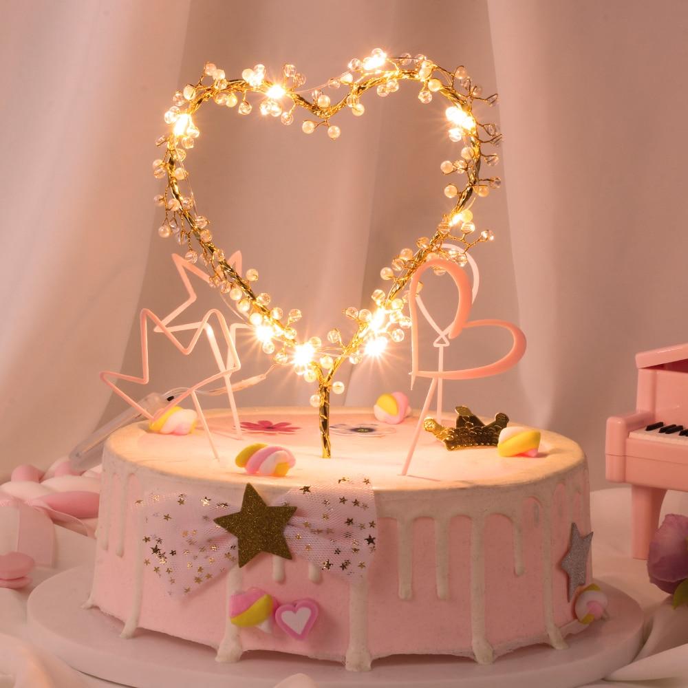 Led Heart Or Happy Birthday Cake Toppers Party Decorations Baking Supplies