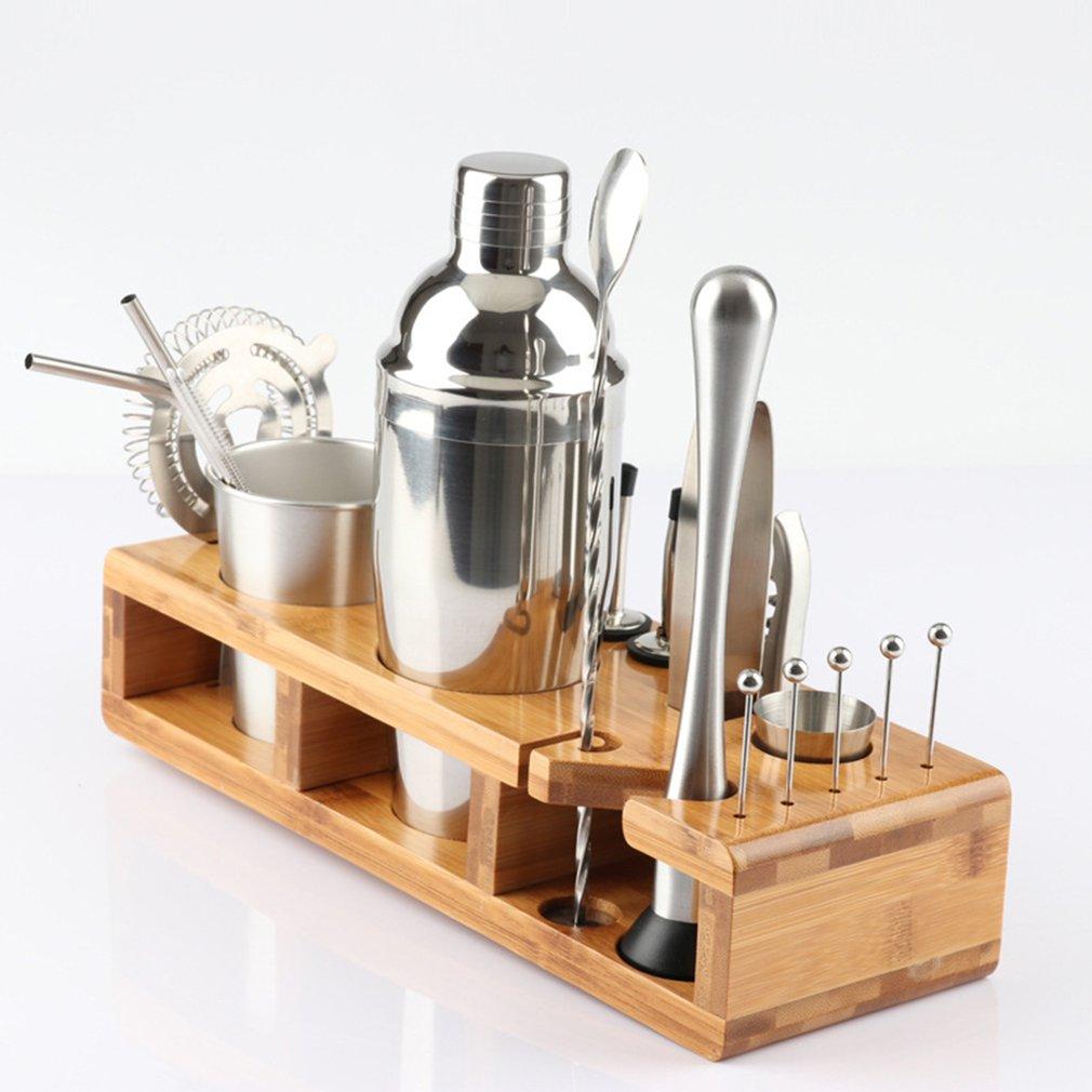 23Pcs Stainless Steel Cocktail Shaker Set Barware Kit With Wooden Rack