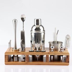 23Pcs Stainless Steel Cocktail Shaker Set Barware Kit With Wooden Rack