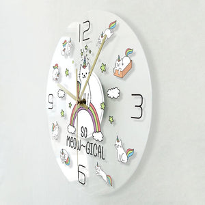 So Meow Gical Cute Cat Unicorn Wall Clock Kids Bedroom Decor