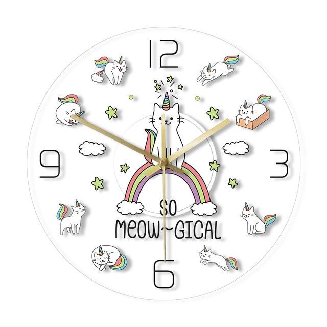 So Meow Gical Cute Cat Unicorn Wall Clock Kids Bedroom Decor