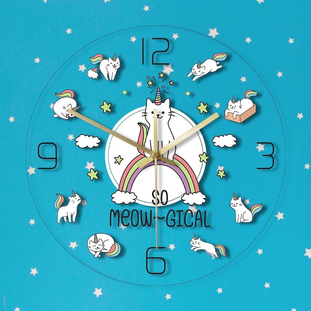 So Meow Gical Cute Cat Unicorn Wall Clock Kids Bedroom Decor