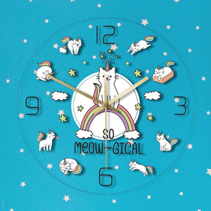 So Meow Gical Cute Cat Unicorn Wall Clock Kids Bedroom Decor